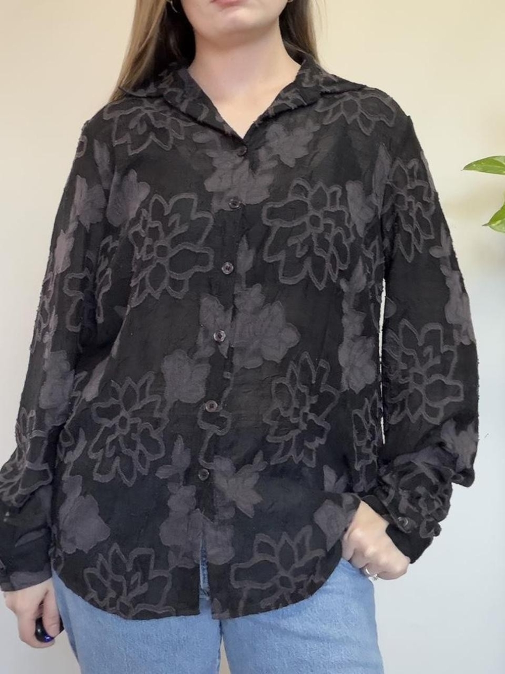 Vintage black & purple floral button up top